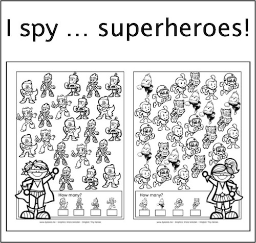 New freebie: I spy ... superheroes, I spy, dyslexia, dyscalculia, AFS-method, perception, visual perception, spatial perception, worksheet, parents, children, homeschooling, freebie