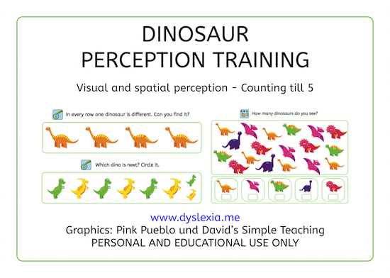 Dinosaur, perception training, children, freebie, no prep printable, parents, school, teacher, dyslexia, dyscalculia, AFS-method