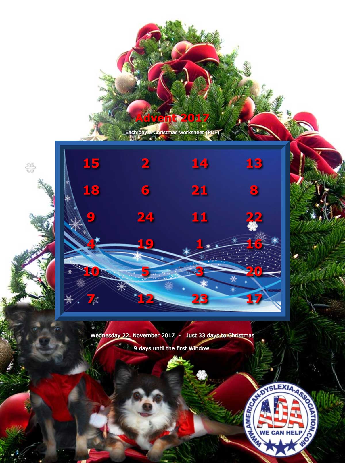 Christmas calender, christmas, dyslexia, dyscalculia, worksheets, free worksheets