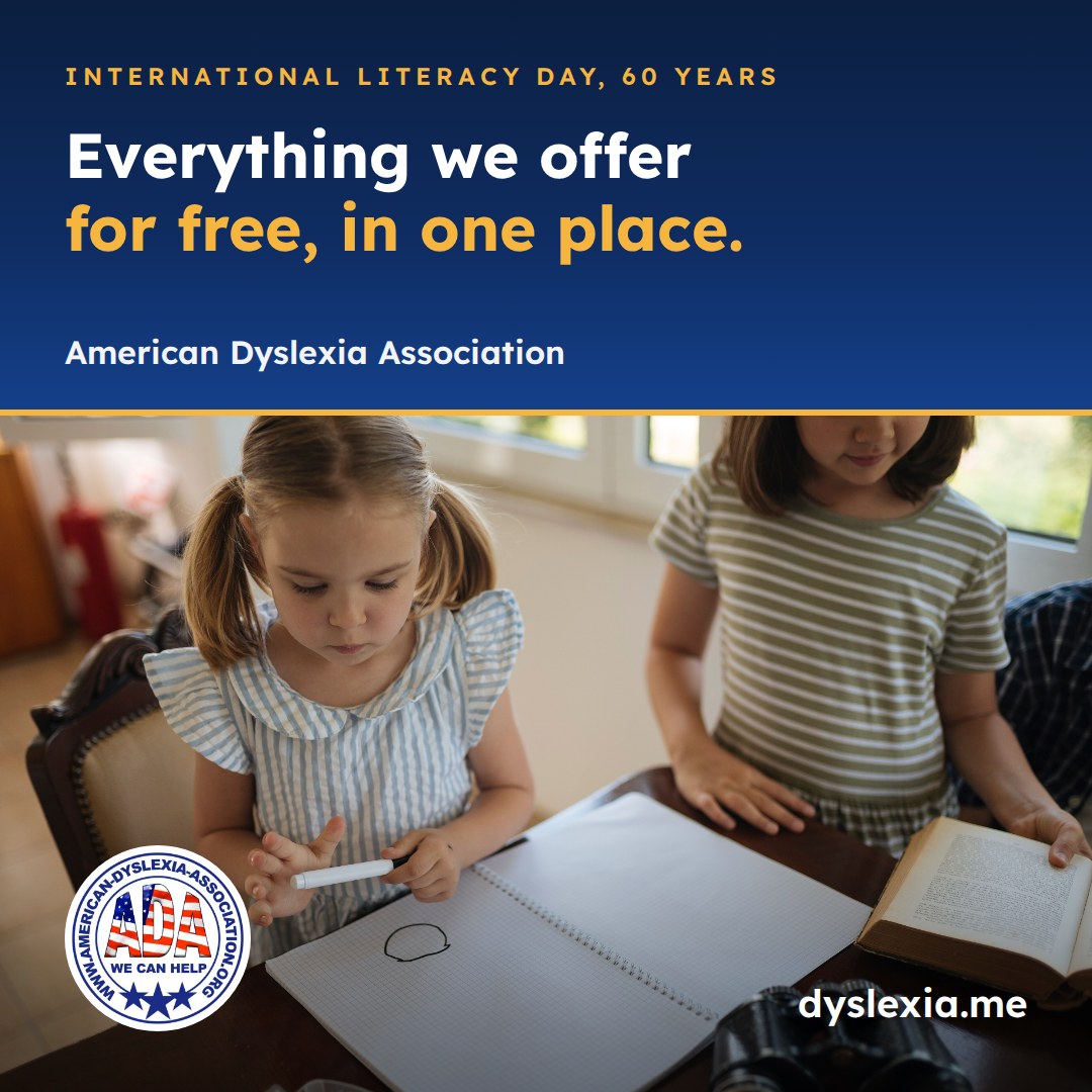 Two children with a notebook and a book at a table. International Literacy Day: everything the American Dyslexia Association offers for free, in one place.
