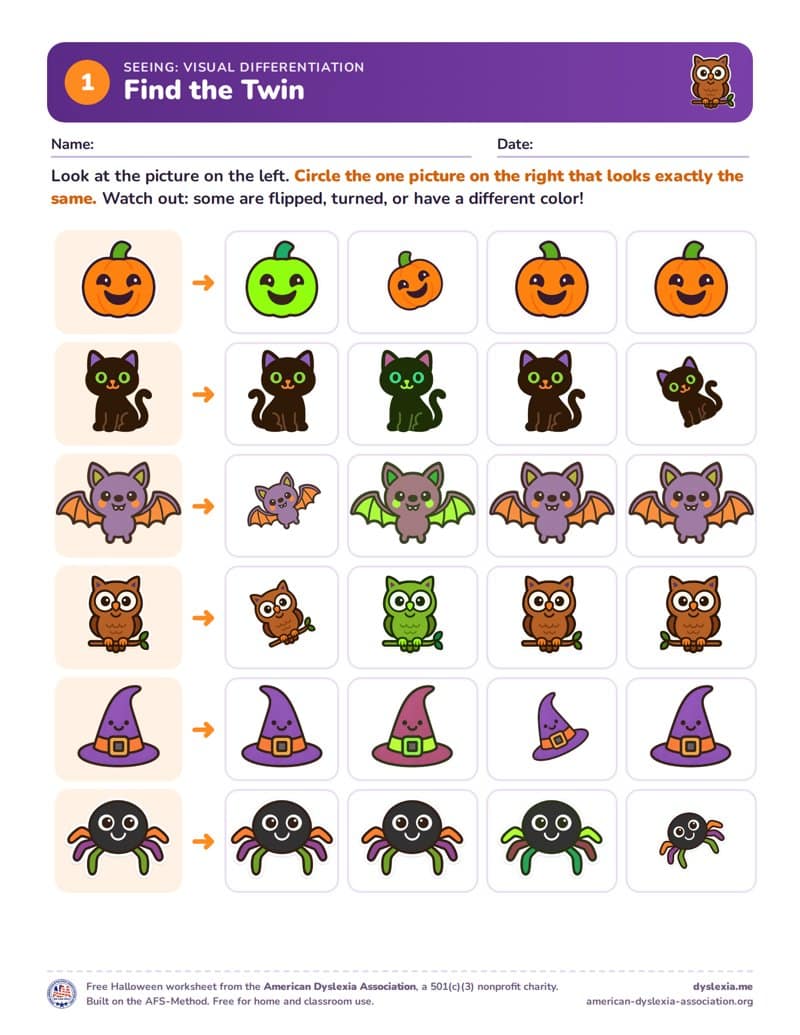 Free Halloween worksheet 1: Find the Twin (Seeing: visual differentiation)