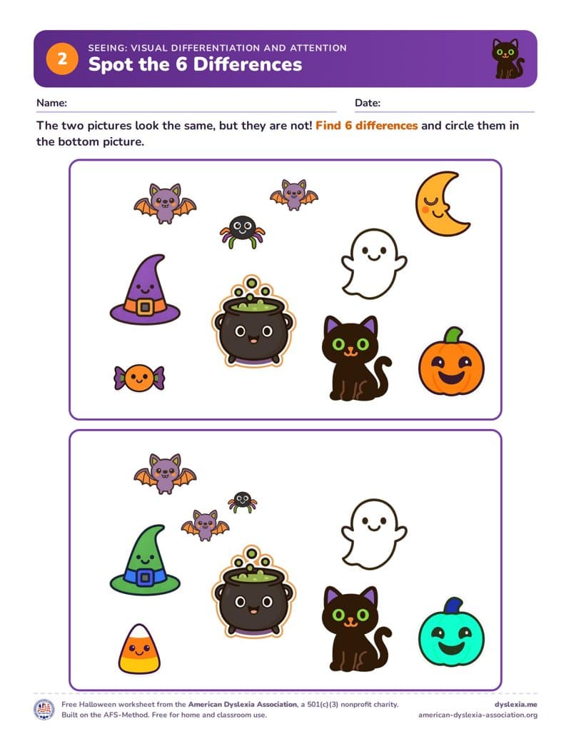 Free Halloween worksheet 2: Spot the 6 Differences (Seeing and attention)