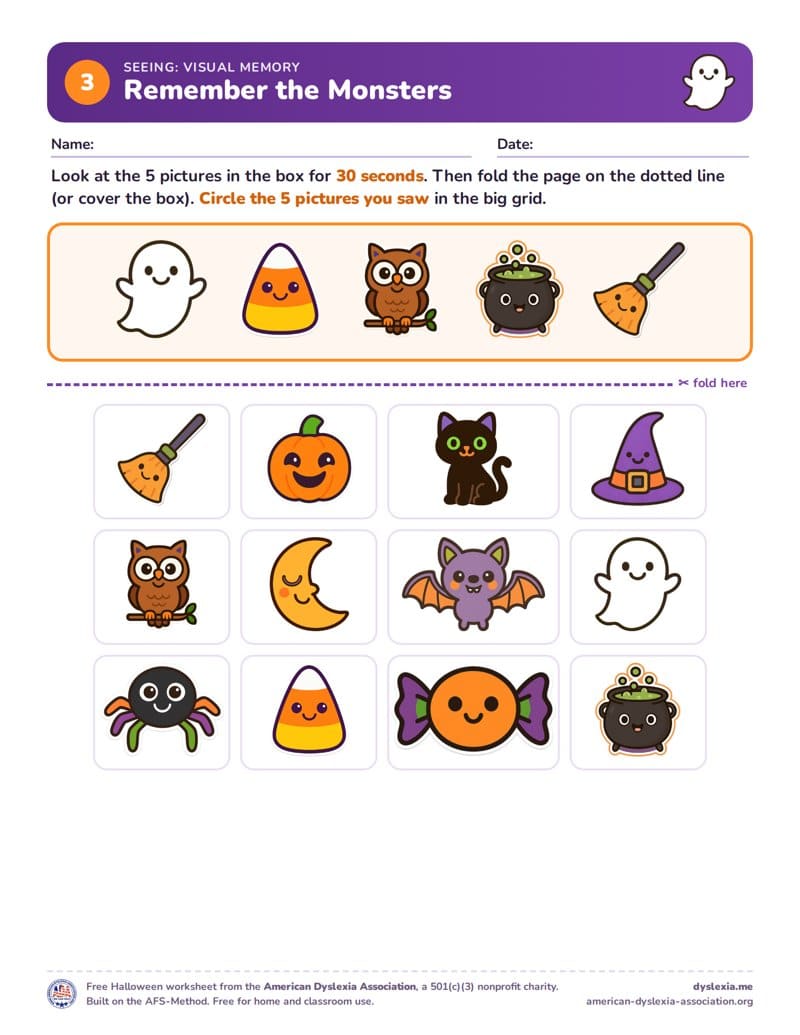 Free Halloween worksheet 3: Remember the Monsters (Visual memory)