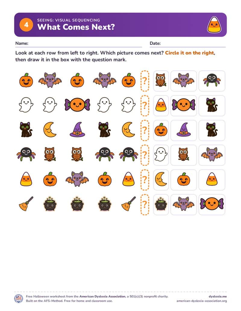 Free Halloween worksheet 4: What Comes Next? (Visual sequencing)