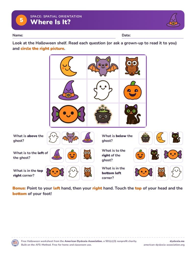 Free Halloween worksheet 5: Where Is It? (Spatial orientation)