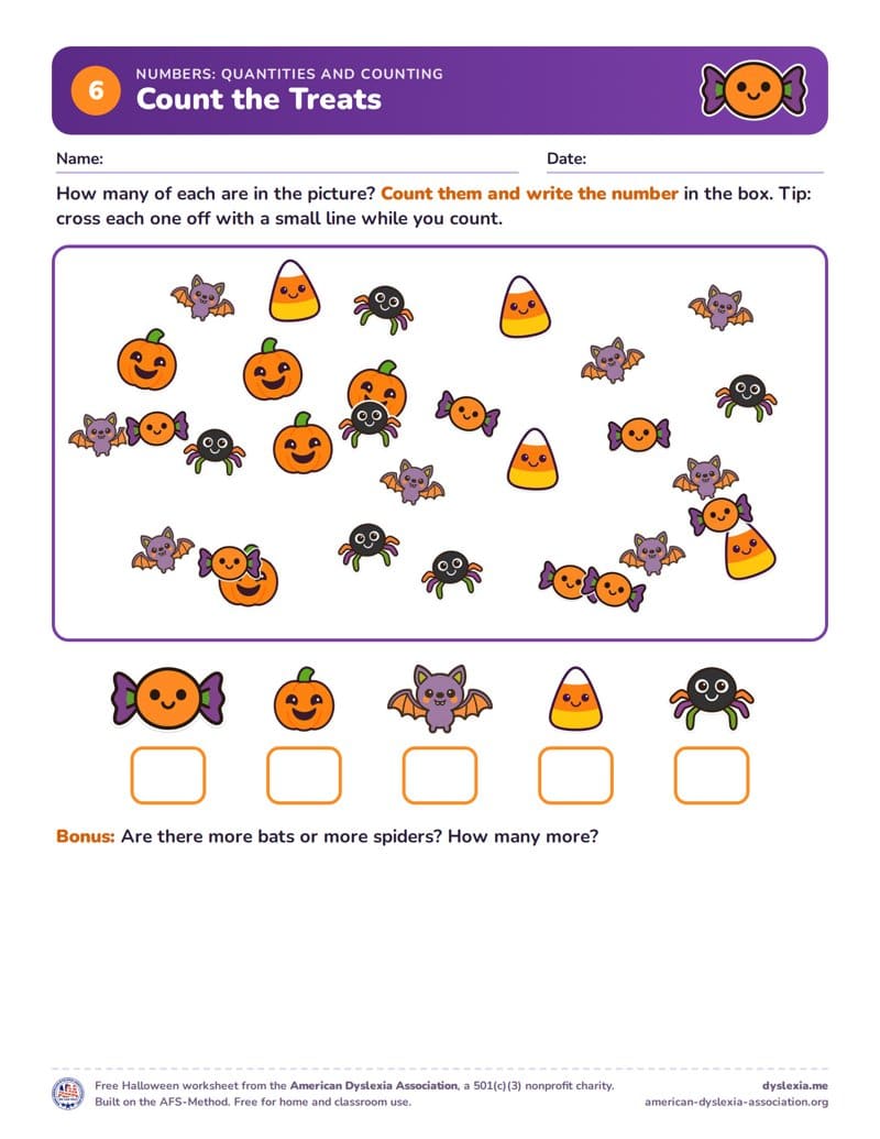Free Halloween worksheet 6: Count the Treats (Numbers and quantities)