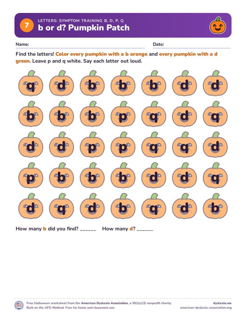 Free Halloween worksheet 7: b or d? Pumpkin Patch (Symptom training: letters)