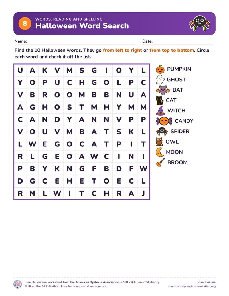 Free Halloween worksheet 8: Halloween Word Search (Reading and spelling)