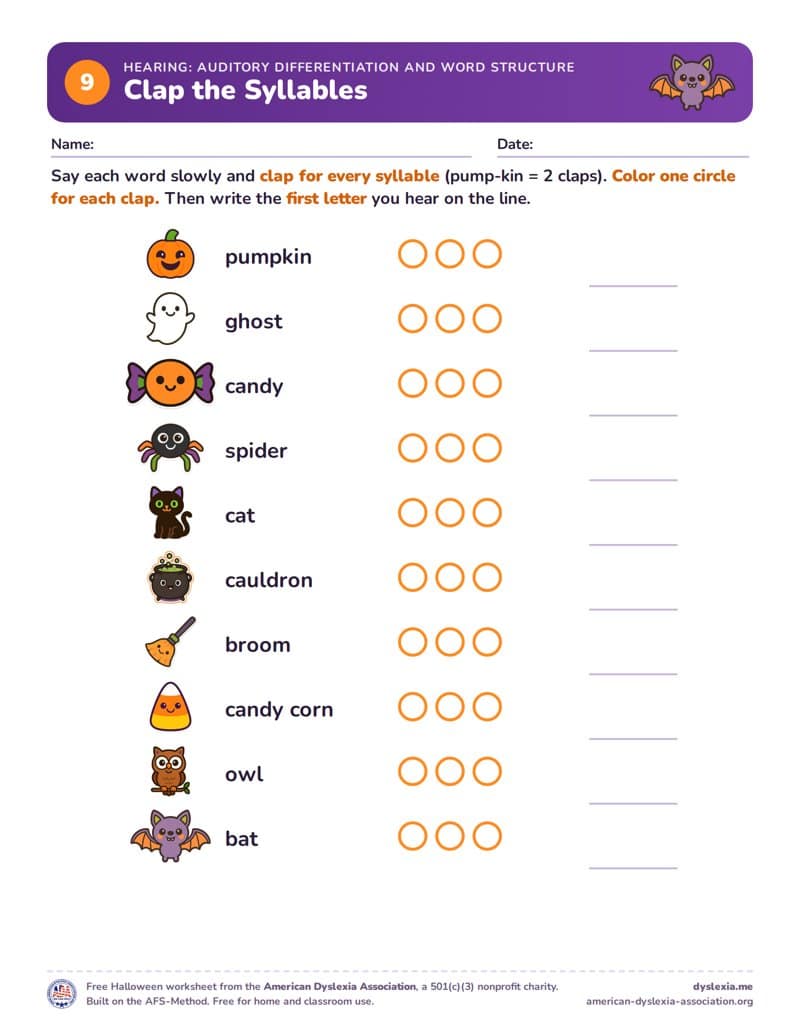 Free Halloween worksheet 9: Clap the Syllables (Hearing: auditory differentiation)