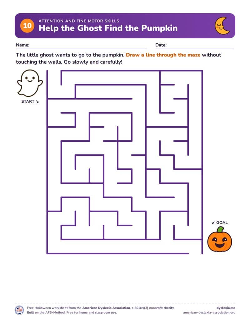 Free Halloween worksheet 10: Help the Ghost Find the Pumpkin (Attention and fine motor skills)