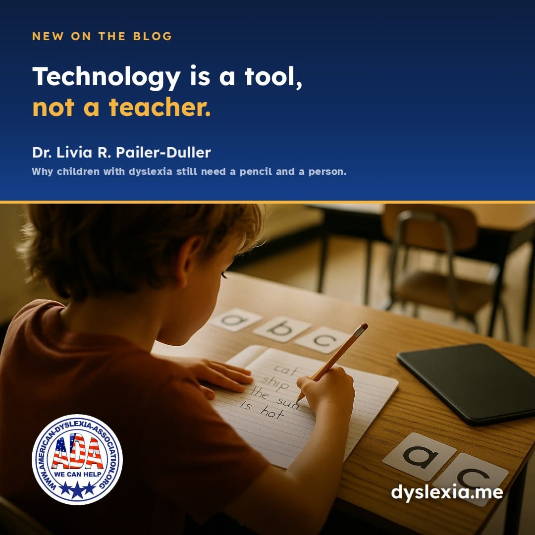 Child writing English words by hand at a school desk: technology is a tool, not a teacher