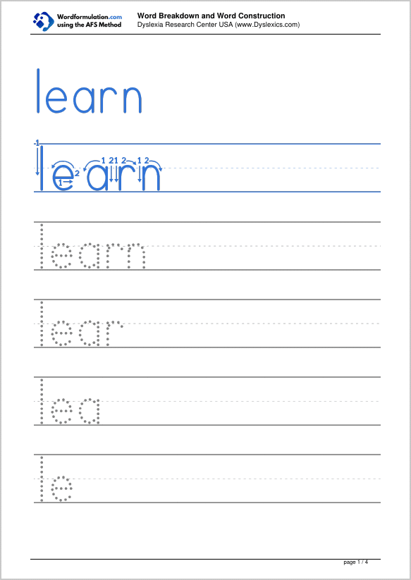 Printable PDF of the word formulation for learn: tracing lines and letter construction
