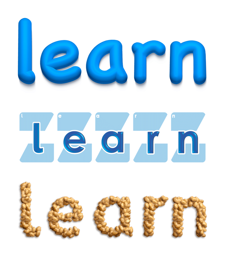 The word learn shown three ways: in modeling clay, on tiles, and laid out with peanuts