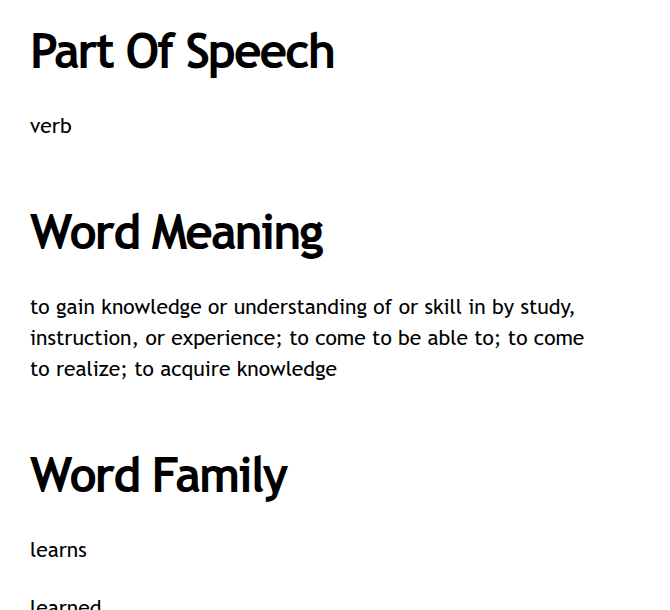 Word formulation for the word learn: part of speech, word meaning, and word family